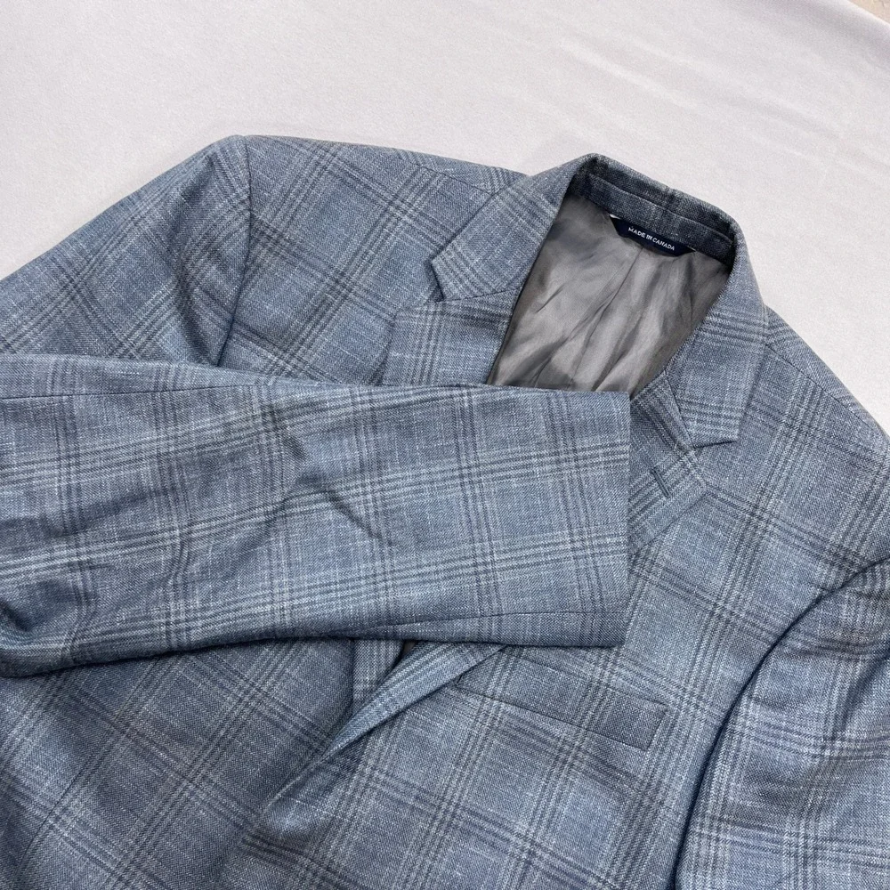 Ralph Lauren Sport Coat Wool Silk Linen Plaid Blue Mens 42L